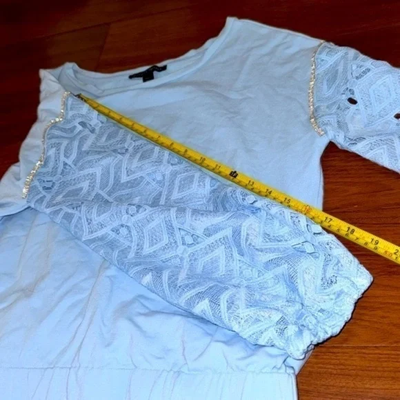 Embellished Lace Sleeve Sweatshirt Airy Blue by Boston proper S pullover stretch - Picture 5 of 10